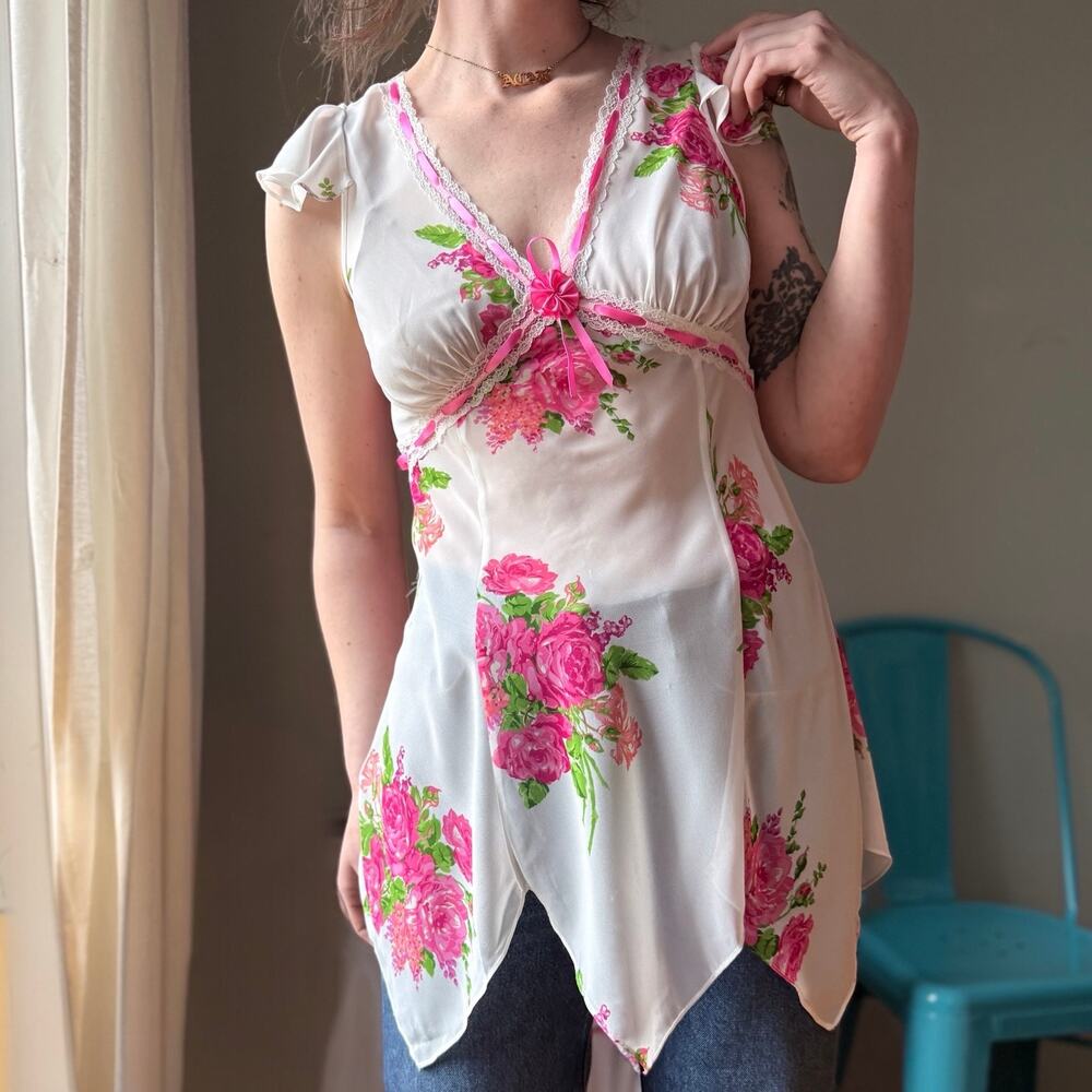 Vintage Y2K Betsey Johnson Sheer Floral Top | Lingerie Handkerchief Hem | M